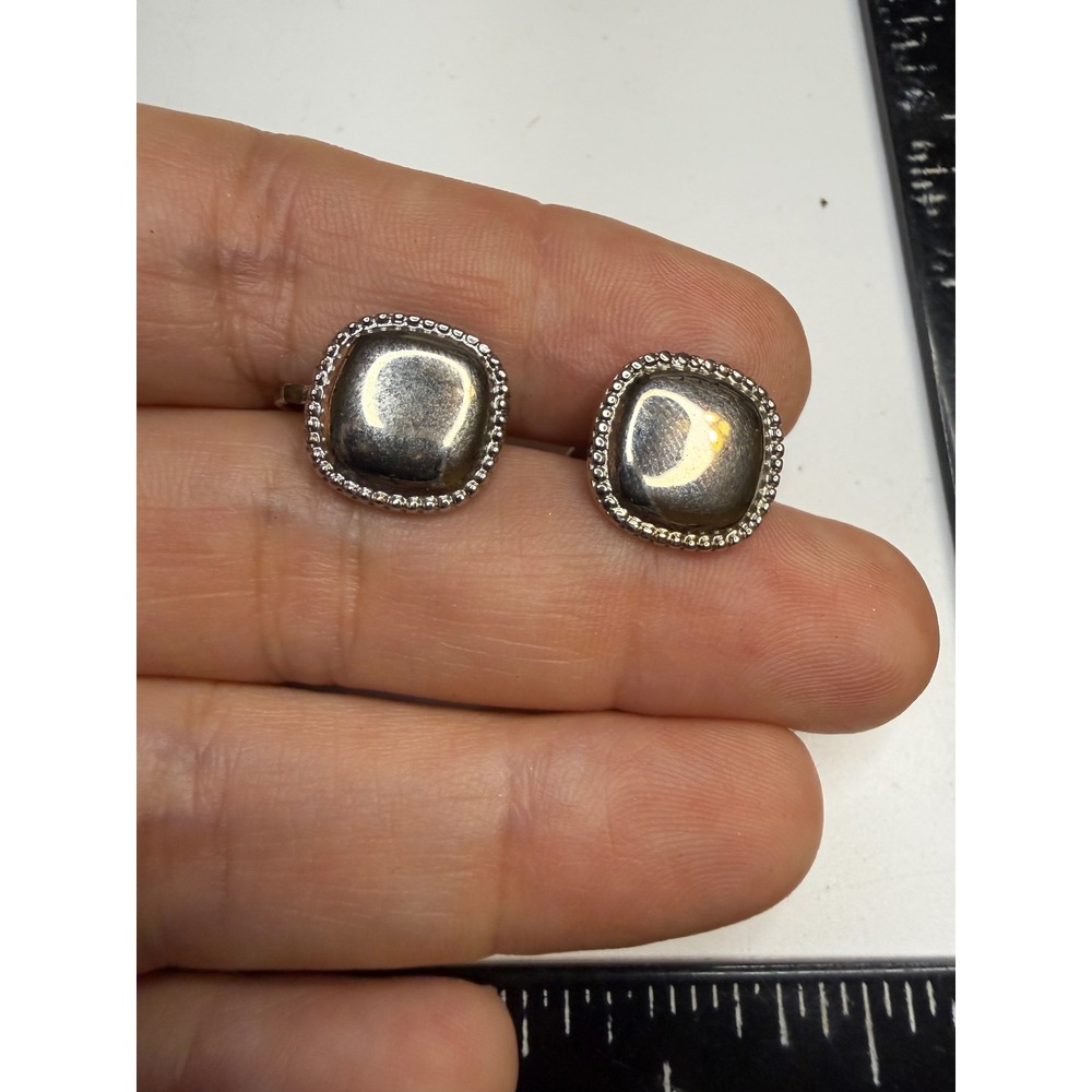 Marvella Vintage Silver Tone Square Domed Screw Back Earrings Beaded Border